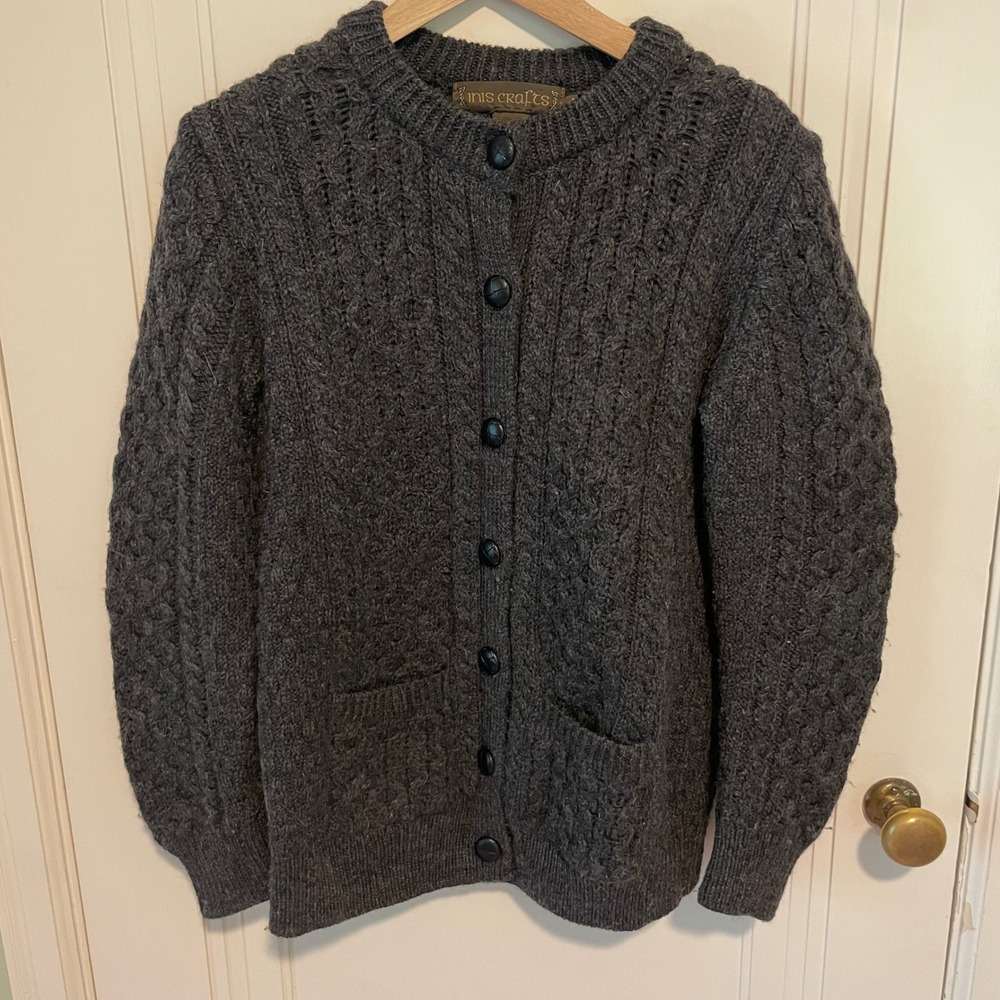 Inis Crafts Merino Wool Irish Fisherman Knit Cardigan Sweater Large Gray